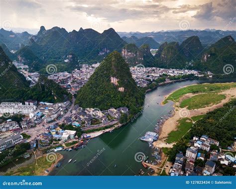 Yangshuo County and Li River in Guilin, Aerial View Stock Photo - Image ...