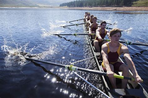 Rowing team rowing scull on lake — bonding, crew - Stock Photo | #199731024