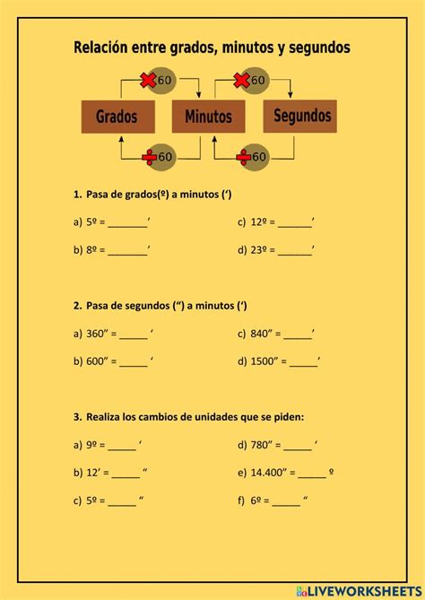 Conversión de grados minutos y segundos worksheet