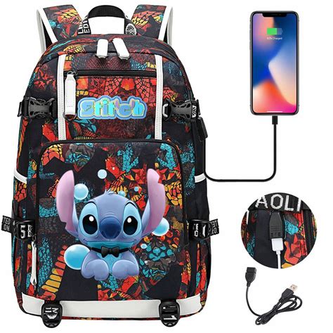 Disney Stitch USB Grande Capacidade Adolescentes Mochila Para