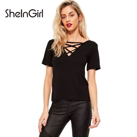 Sheingirl Black Sexy V Neck Female Top Tees Cross Drawstring Casual