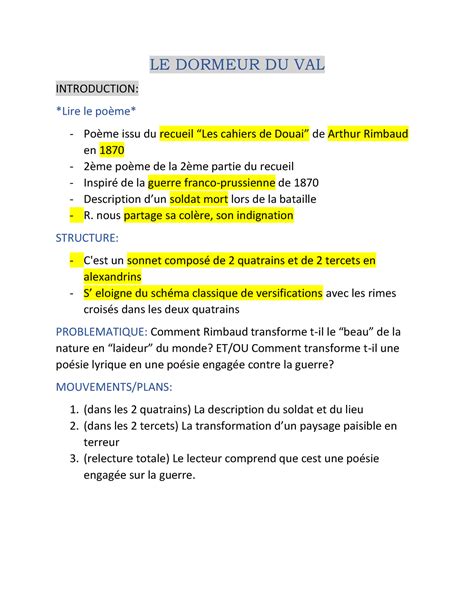 Le Dormeur du val analyse linéaire LE DORMEUR DU VAL INTRODUCTION