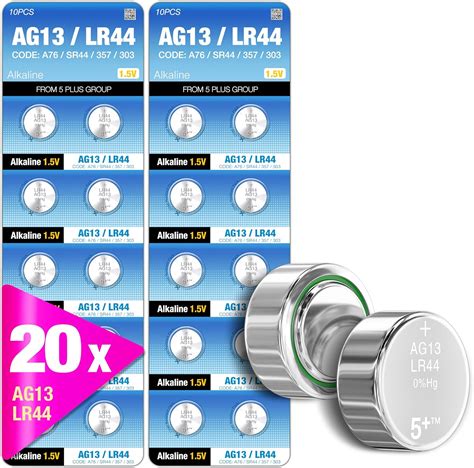 5Plus Group 20 Pcs LR44 AG13 357 303 SR44 A76 Battery 1 5V Button Coin