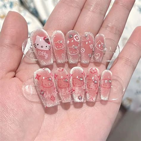 Sanrio Cartoon Cute Hello Kitty Pink Halo Dyed Shiny Cat Eyes Nail