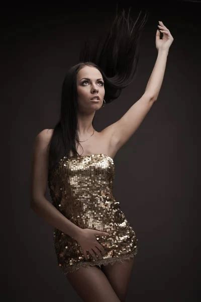 Sexy Slim Brunette Posing In Yellow Dress Stock Photo By Dashek