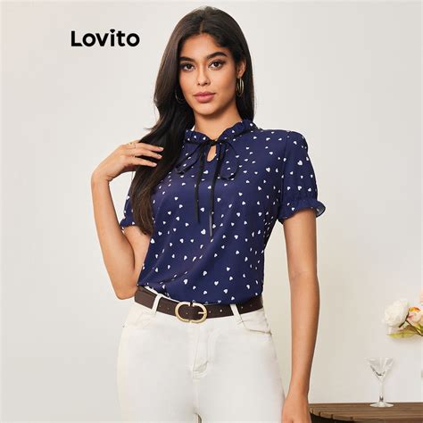 Lovito Casual Polka Dot Lace Up Pattern Blouse For Women LBA05043 Dark