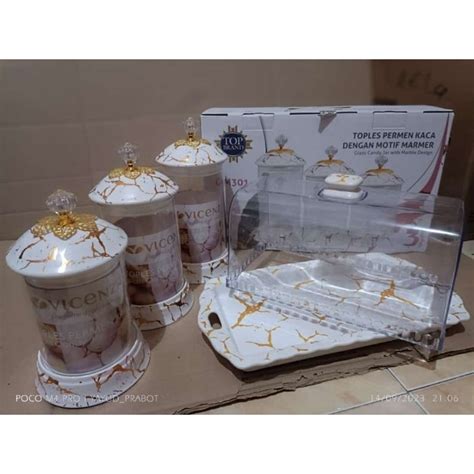 Jual Satu Set Toples Kaca Vicenza Dan Tempat Roti Vicenza Motif Marbel