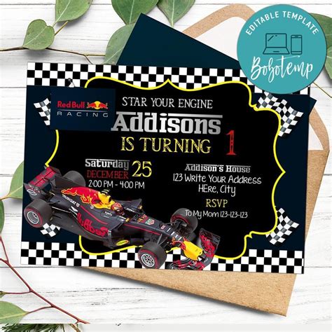 Red Bull Racing Car Birthday Invitation Customizable Template Diy Bobotemp