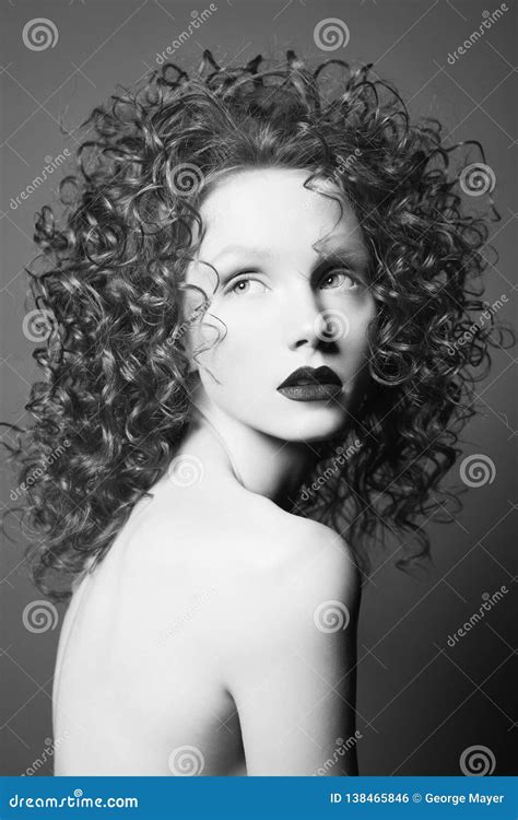 Beautiful Nude Woman With Curly Hair And Black Lips Stock Photo Image