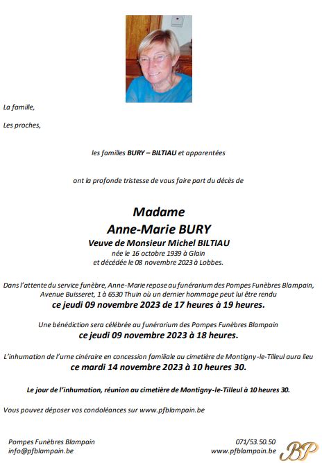 Madame Anne Marie BURY Pompes funèbres Blampain