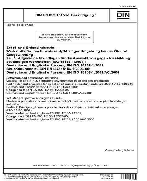 DIN EN ISO 15156 1 Berichtigung 1 2007 Petroleum And Natural Gas