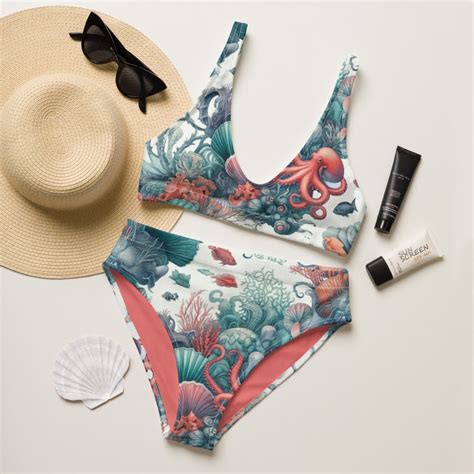 Octopus Coral Reef Recycled High Waisted Bikini Etsy