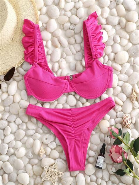 Shein Swim Mod Conjunto De Bikini Acanalado Sujetador Con Aros Con