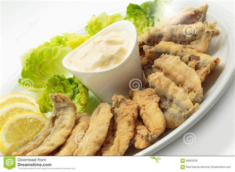 Fried Anchovies with Salad and Mayonnaise Stock Image - Image of ...