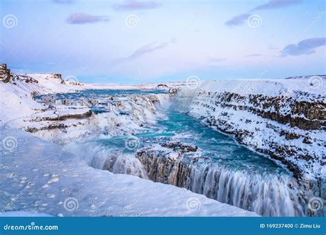 Frozen Gullfoss Falls in Iceland in Winter at Sunset. Stock Photo ...