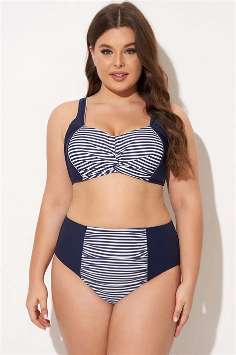 Top De Bikini Azul Marino Con Torcida Delantera A Rayas Meet Curve Meet Curve
