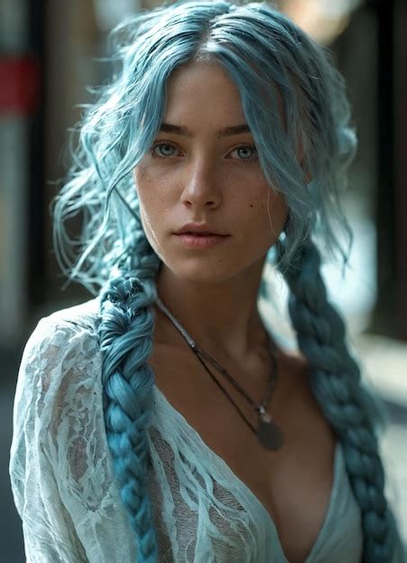 Premium Photo A Woman With Blue Hair And A Blue Braid Is Standing In