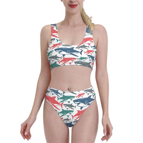 Haiem Colorful Shark Women S High Waisted Bikini Set Two Piece Bathing