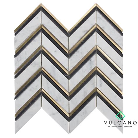 VM 738 Nero Marquina Carrara C Brass Chevron Mosaic Tile Stone