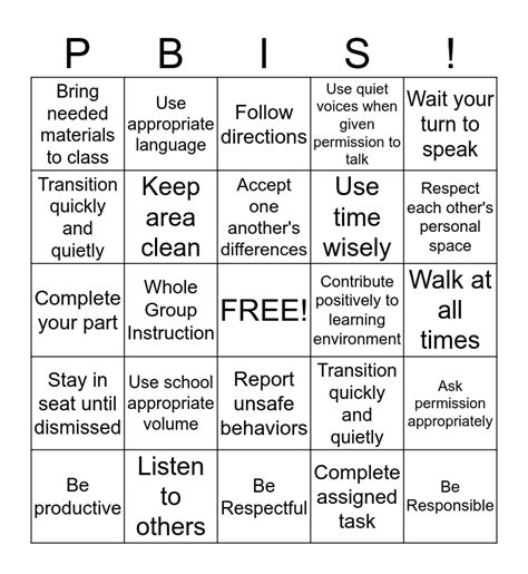 Pbis Classroom Matrix Bingo Card