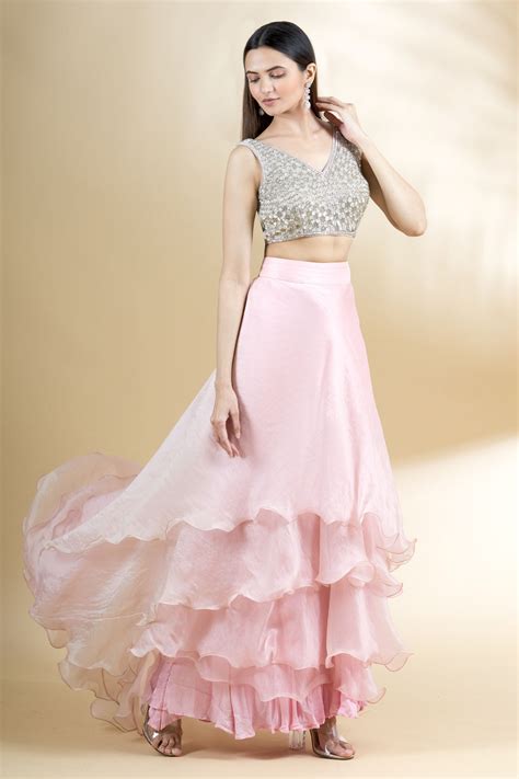 Buy Pink Organza V Neck Ruffled Lehenga Set For Women By Neha Khullar Online At Aza Fashions