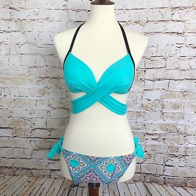 NWOT Criss Cross Bandage Halter Bikini Set Navy And Neon Yellow Size