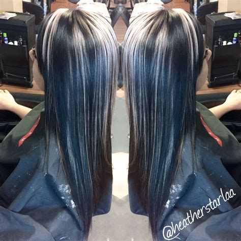 All Over Black Hair With Chunky Platinum Blonde Highlights Black