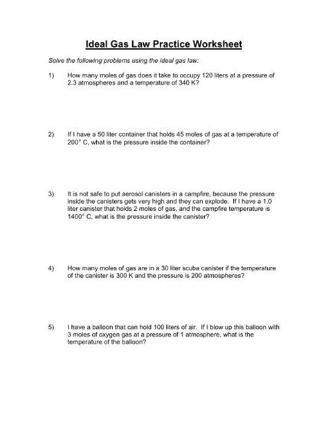 Ideal Gas Law Practice Worksheet