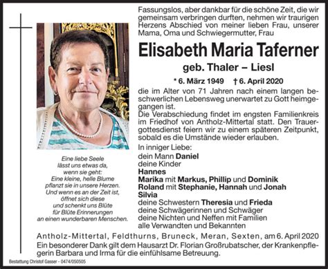 Elisabeth Maria Taferner Aus Rasen Antholz TrauerHilfe It Das