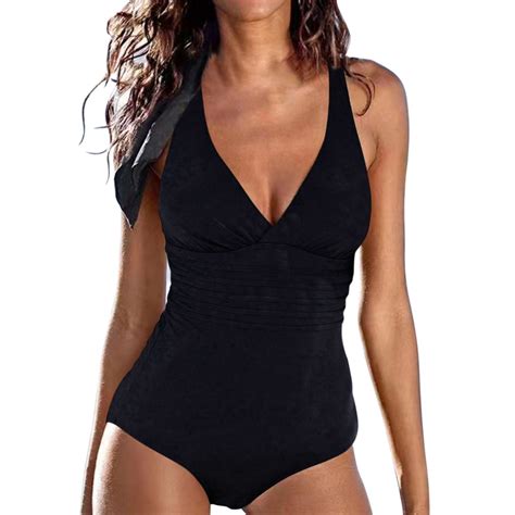 Beugl One Piece Swimsuit Women Women S Solid Color V Neck Bikini