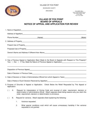 Fillable Online Board Of Appeals Application Form Pdf Village Of Fox