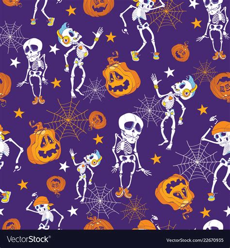 Purple halloween skeletons and pumpkins pattern Vector Image