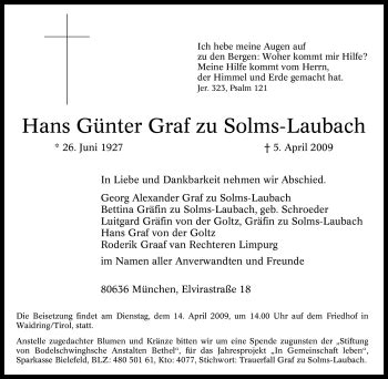 Traueranzeigen Von Hans G Nter Zu Solms Laubach Trauer In Nrw De