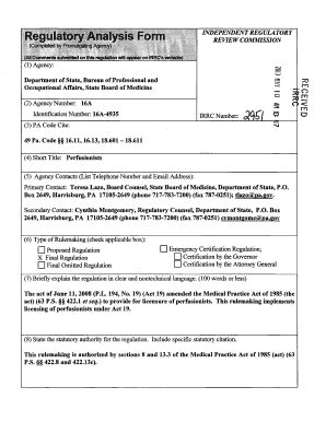 Fillable Online Irrc State Pa Alysis Form INDEPENDENT REGULATORY REVIEW