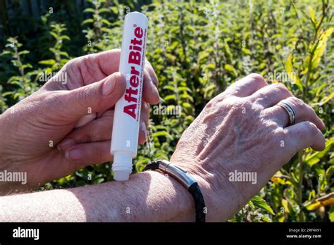 Femme appliquant après la morsure d un applicateur pour apaiser une