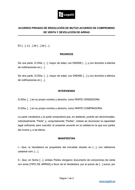 ᐅ Modelo Acuerdo Privado Resolución Mutuo Acuerdo Compromiso Venta y