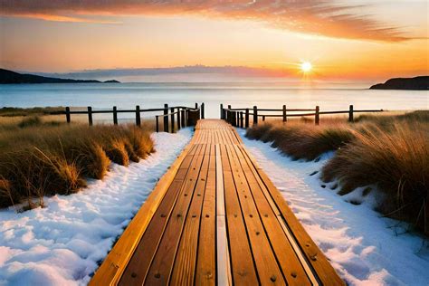 A Wooden Boardwalk Leads To The Beach At Sunset AI Generated 33404610