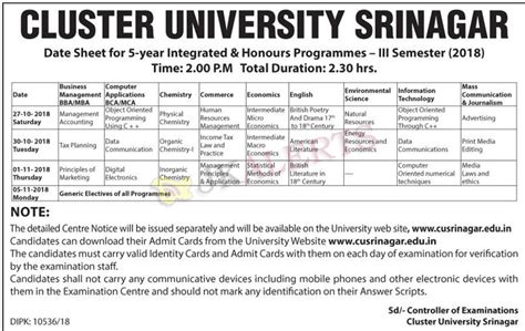 Cluster University Srinagar Date Sheet JKAlerts JK Updates