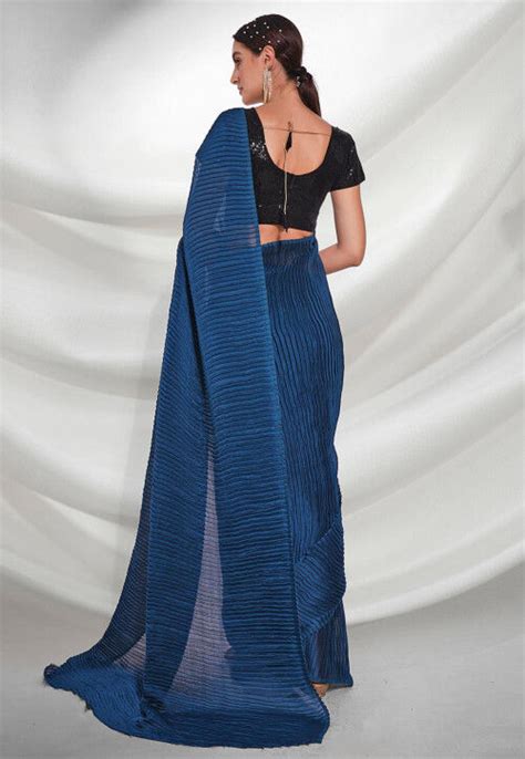 Buy Accordion Pleated Georgette Saree In Teal Blue Online SPF8447