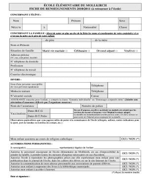 Fillable Online Cole Lmentaire De Mollkirch Fiche De Renseignements