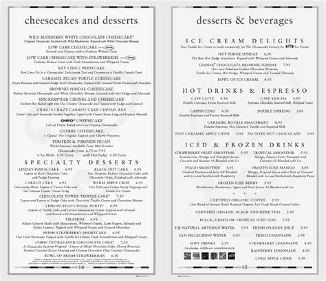 Menu At The Cheesecake Factory Desserts Miami Dadeland Mall Cir W