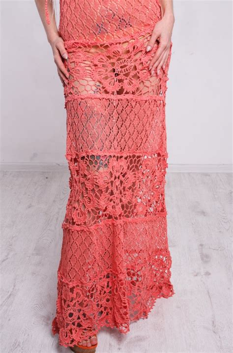 Crochet Dress Crochet Maxi Sundress Coral Crochet Lacy Sundress Handmade Linen Dress Crocheted ...