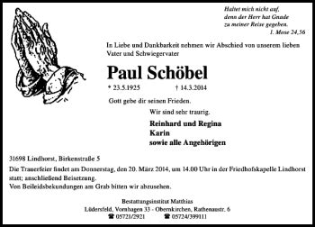 Traueranzeigen von Paul Schöbel trauer anzeigen de