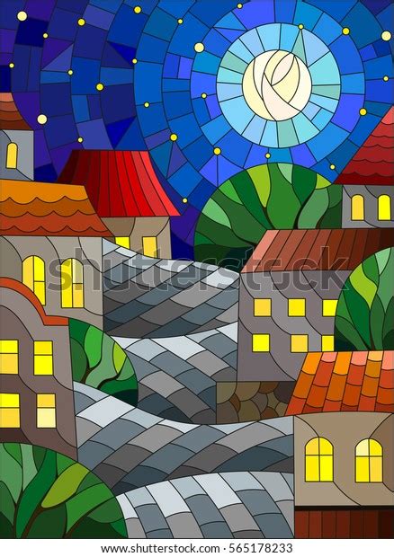 Illustration In Stained Glass Style Urban Landscaperoofs And Trees Against The Starry Sky And Moon