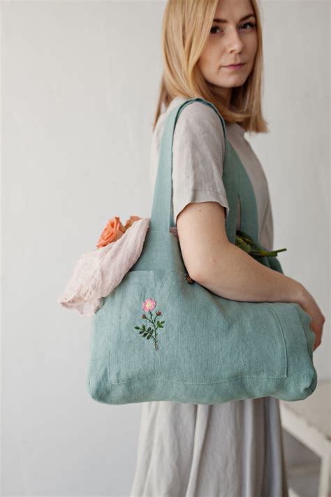 Linen Bag Linen Tote Bag Rose Embroidery Green Linen Bag Etsy