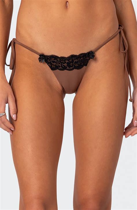 Edikted Cassey Lacey Side Tie Bikini Bottoms In Brown Lyst