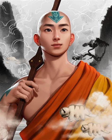 Aang stands out in this fan art, illustrated in a semi-realistic design ...