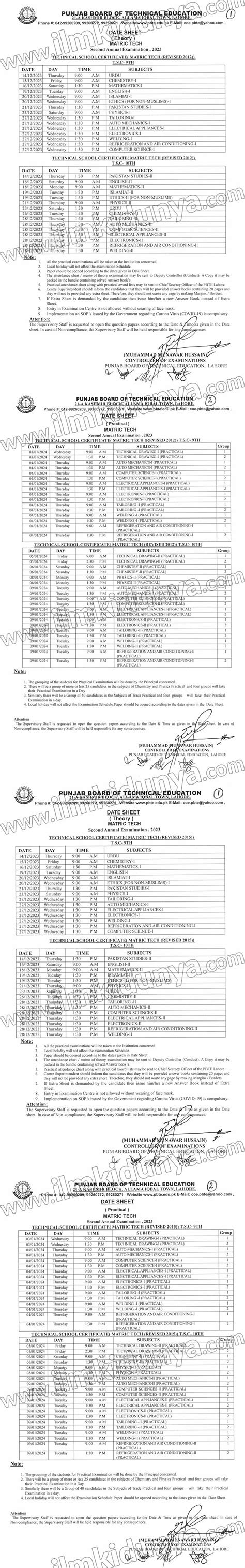 Punjab Board Of Technical Education Pbte Matric Tech Date Sheets 2024