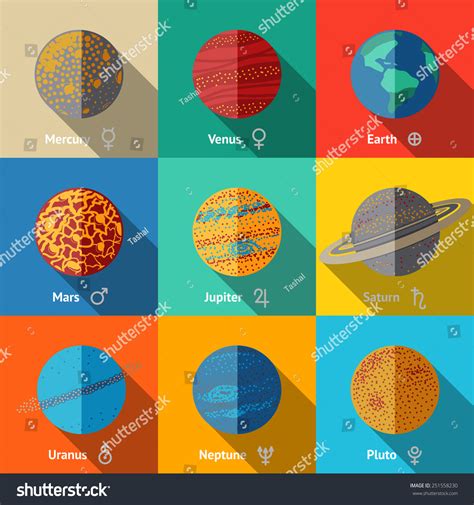 Flat Icons Set - Planets With Names And Astronomical Symbols - Mercury ...