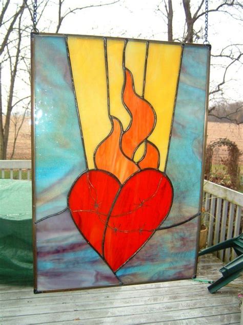 Sacred Heart Stained Glass Panel Handmade Art For Sale